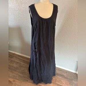 FLAX Midi Blue Linen Dress  Pocket Sleeveless Boho